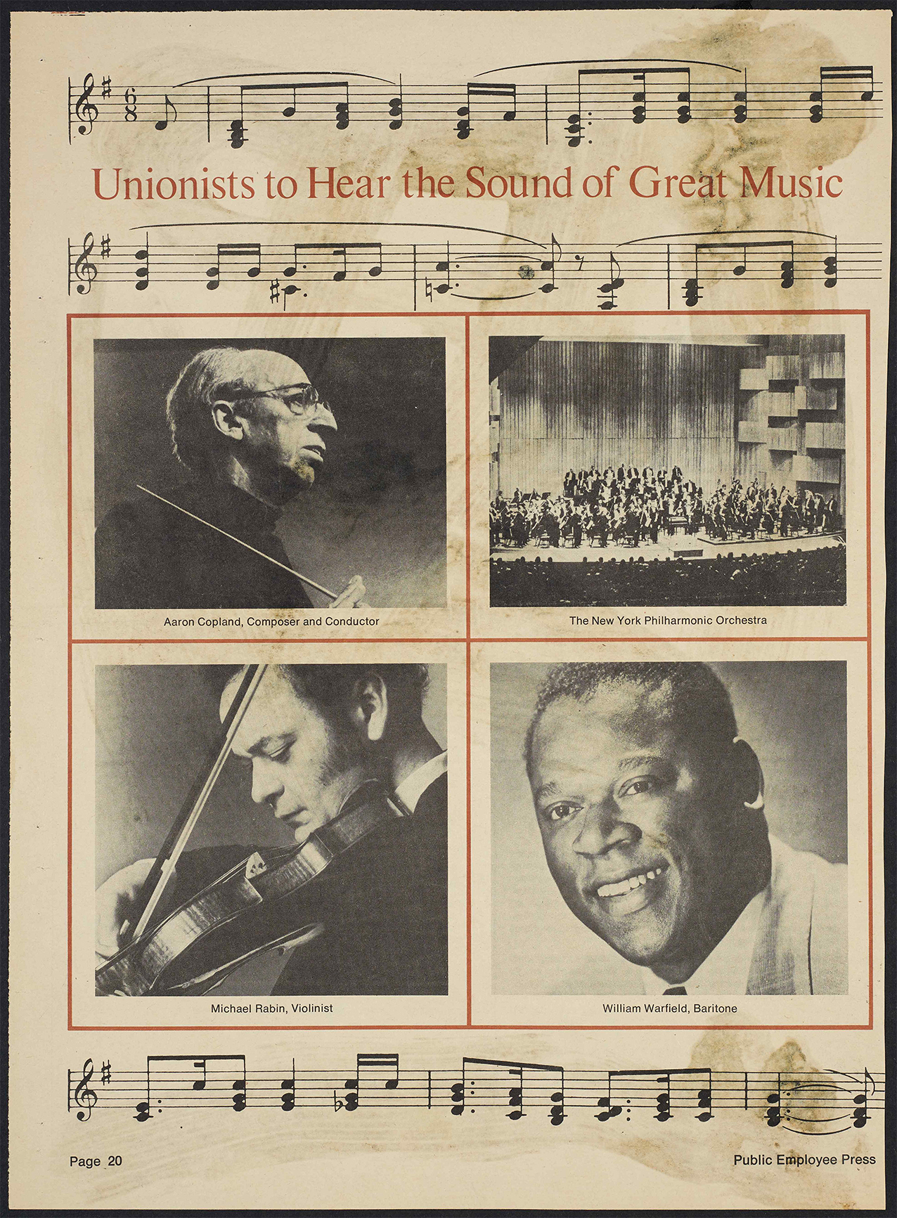 A newspaper advertising the Experience in Music Series. The headline reads Unionists to Hear the Sound of Great Music and below that are pictures of composer/conductor Aaron Copland, the New York Philharmonic, violinist Michael Rabin, and bass-baritone William Warfield.