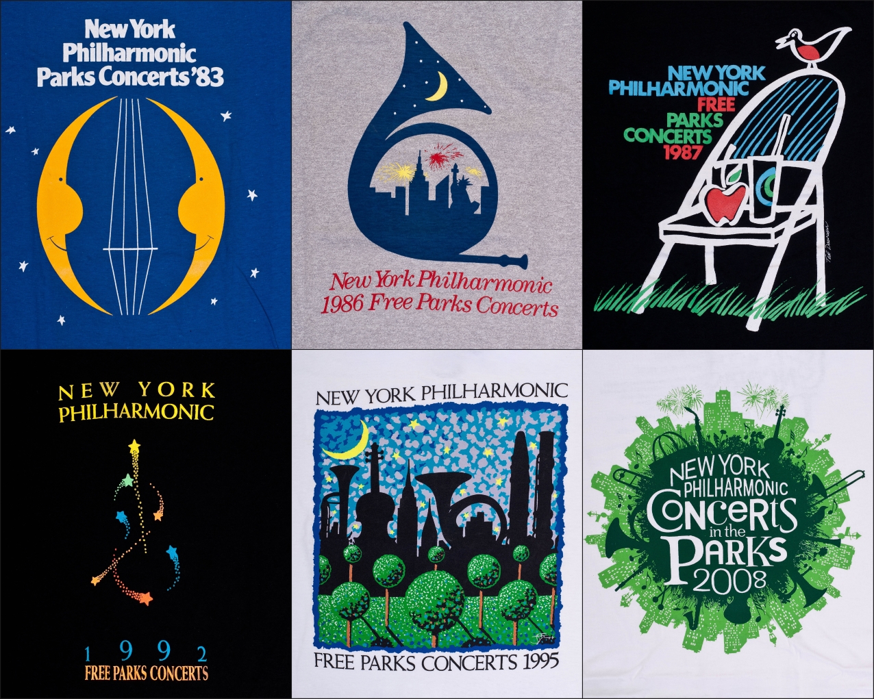 Different t-shirt designs for the New York Philharmonic's Concerts in the Parks