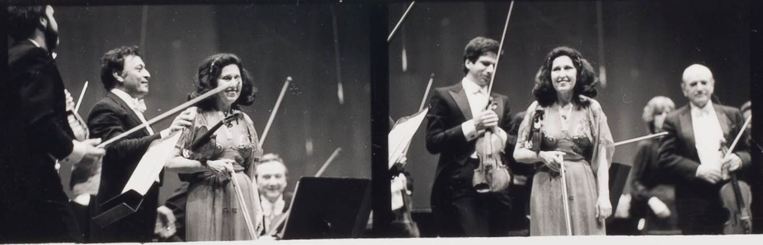 Two black-and-white photographs from a contact sheet of violinist Ida Haendel at her New York Philharmonic debut with Zubin Mehta.