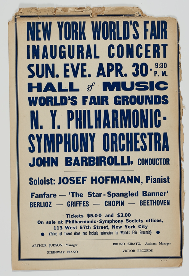 Flyer for the inaugural concert for the 1939 New York World's Fair.