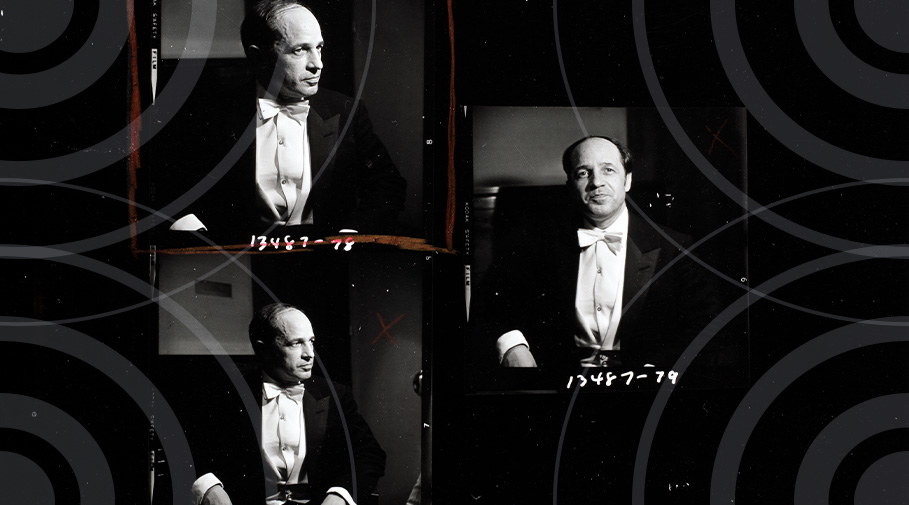 Three posed photographs of Pierre Boulez in a tuxedo taken from a photographer's contact sheet.