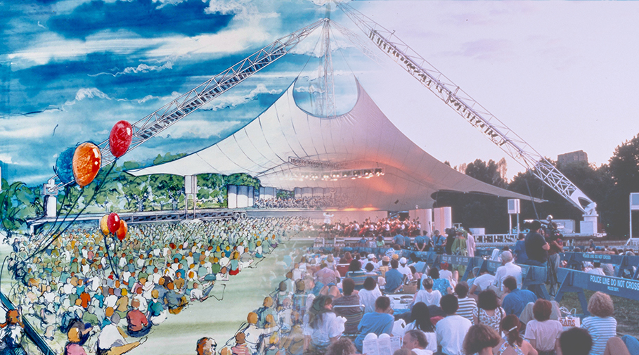 Collage of a drawing and photo of a Concerts in the Parks event.