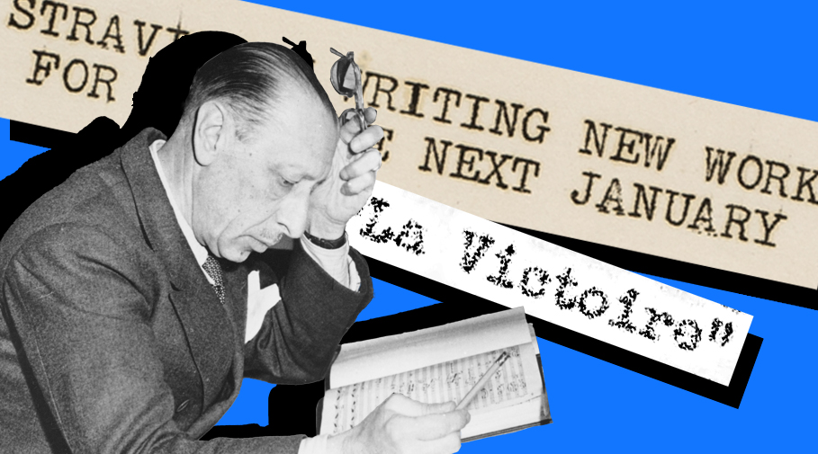 Black and white photo of Igor Stravinsky writing in a notebook, overlaid with typewritten text that reads “STRAVINSKY WRITING NEW WORK FOR PREMIERE NEXT JANUARY” on a bright blue background.