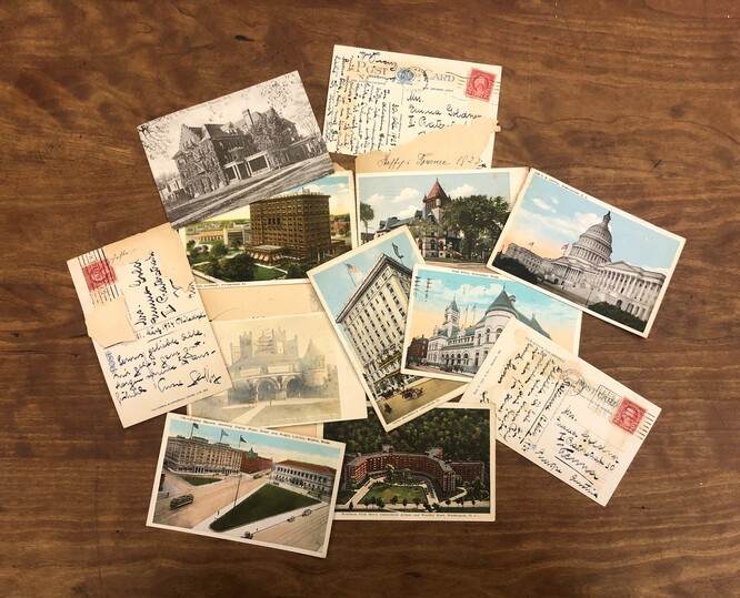 Photo of a collection of postcards from Steffy Goldner to her mother in Vienna chronicling Goldner's travels around the country