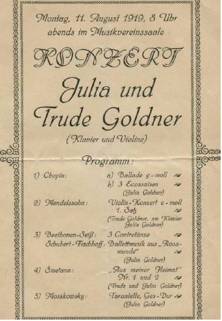 First page of program for 1919 concert by Julia and Trude Goldner.