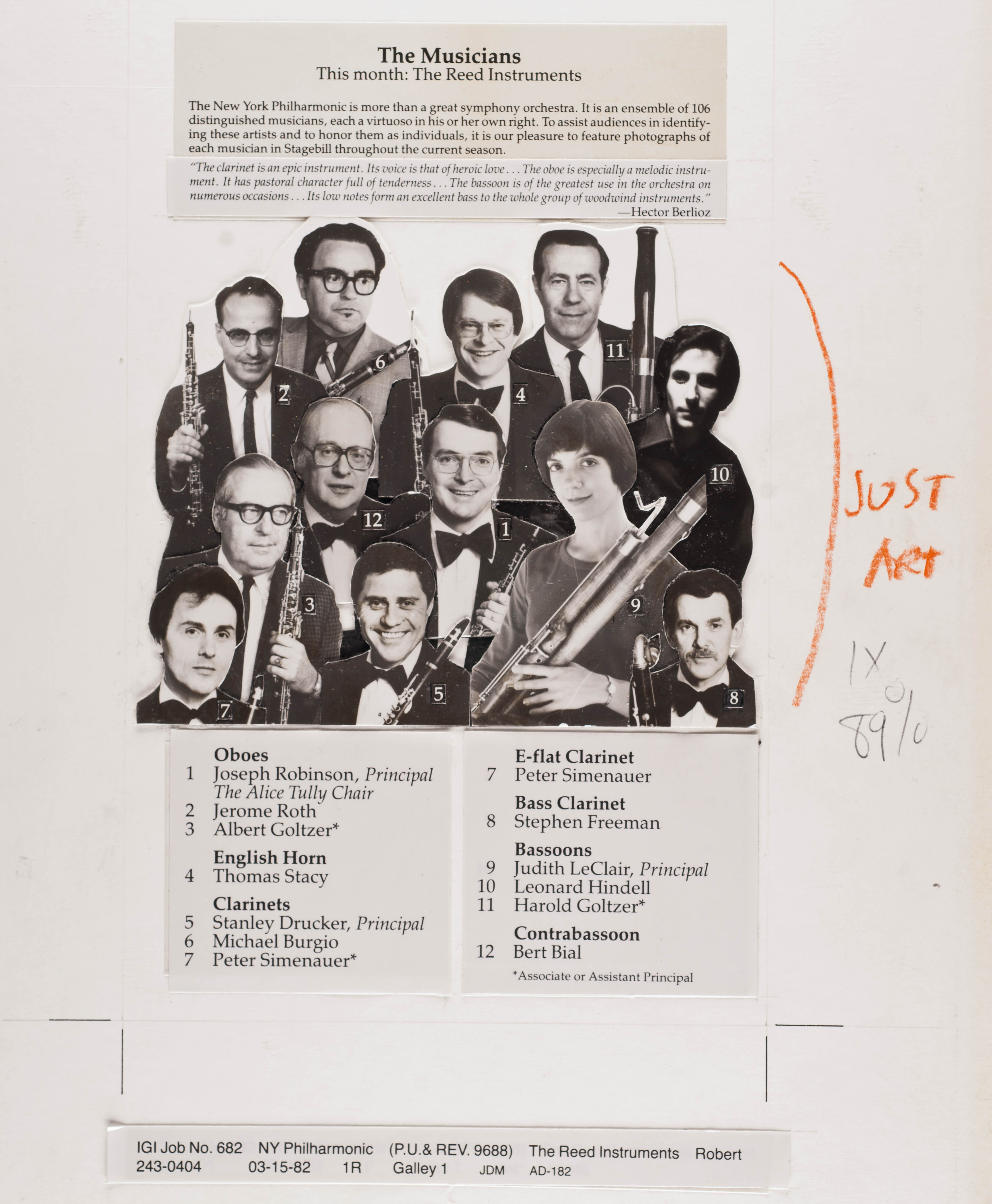 Mockup of the March 1982 Stagebill page featuring the reeds